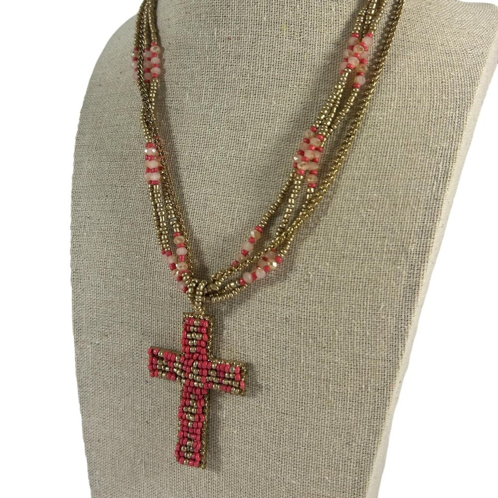 Multistrand Cross Pendant Necklace Gold Tone Peach Beaded Religious Christian